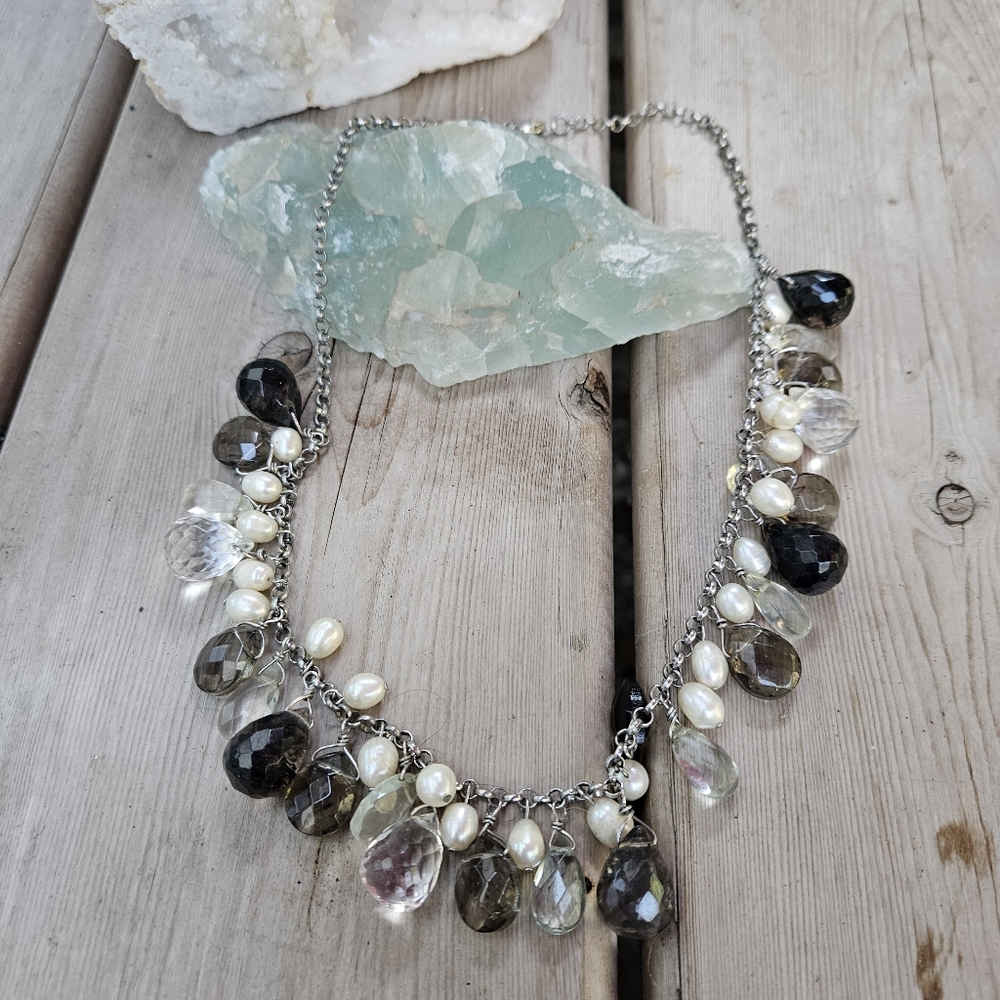 Vintage silvertone handcrafted smoky quarts pearls cluster necklace